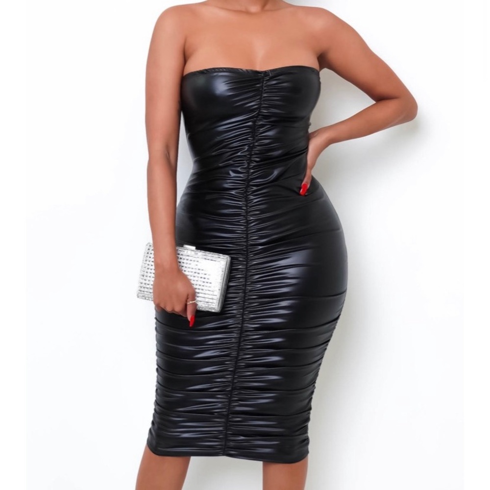 FAUX LEATHER RUNCHED DRESS